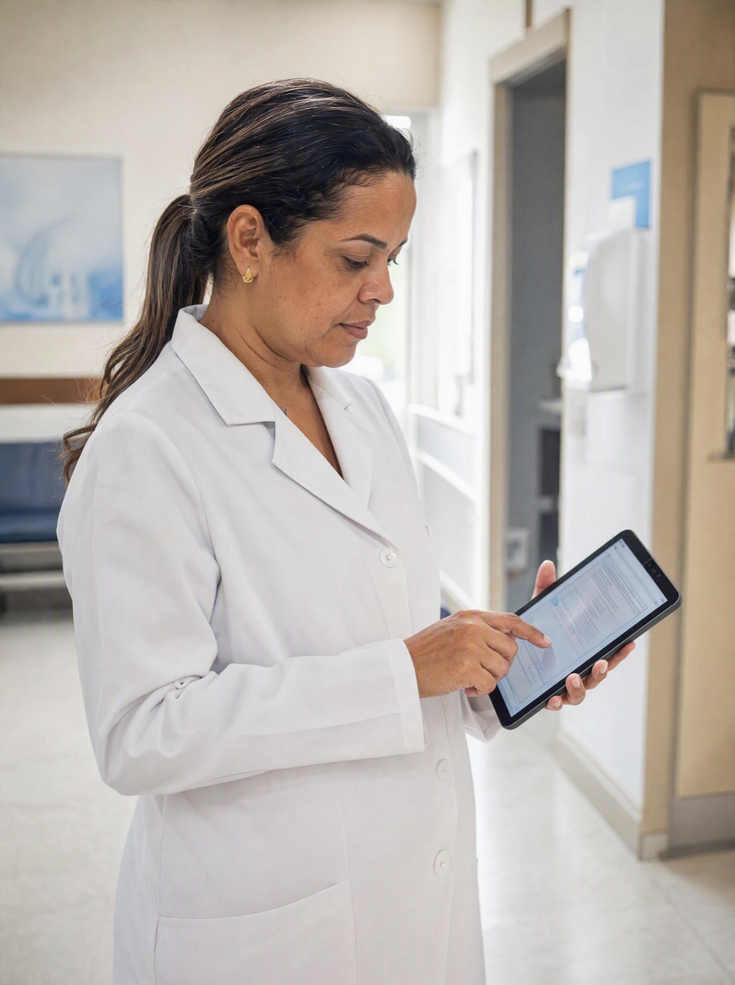 Profissional de jaleco branco conferindo um tablet no corredor de uma clínica
